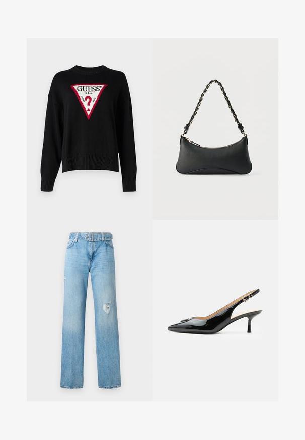 Guess Jeans BIG TRIANGLE - Trui - jet black; Lichtblauwe denim jeans met een wijde pijp, voorzien van versleten details op de knieën en een klassiek vijf-pocket ontwerp met riemlussen.; Zwarte lakleren slingback hak met spitse neus, kleine kittenhak en zilveren gespsluiting op een effen witte achtergrond.; Zwarte lederen schoudertas met een gebogen rechthoekige vorm, gouden ketting verweven in een gevlochten zwarte band, en een ritssluiting bovenop.
