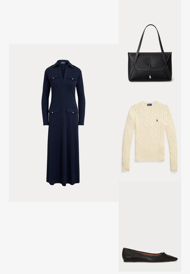 Pull à manches longues en maille torsadée couleur crème avec col rond et petit logo Polo Ralph Lauren bleu marine sur la poitrine.; Robe bleu marine à manches longues avec un col en V profond, un col et quatre poches avant à rabat boutonnées, s’arrêtant sous les genoux.; Ballet flat en cuir noir avec un bout pointu, une silhouette élancée et un petit nœud à l'avant. Texture lisse et design minimal.; Sac à main en cuir texturé noir avec rabat à bouton unique, deux bretelles, coutures blanches et petit logo cheval blanc à l'avant.