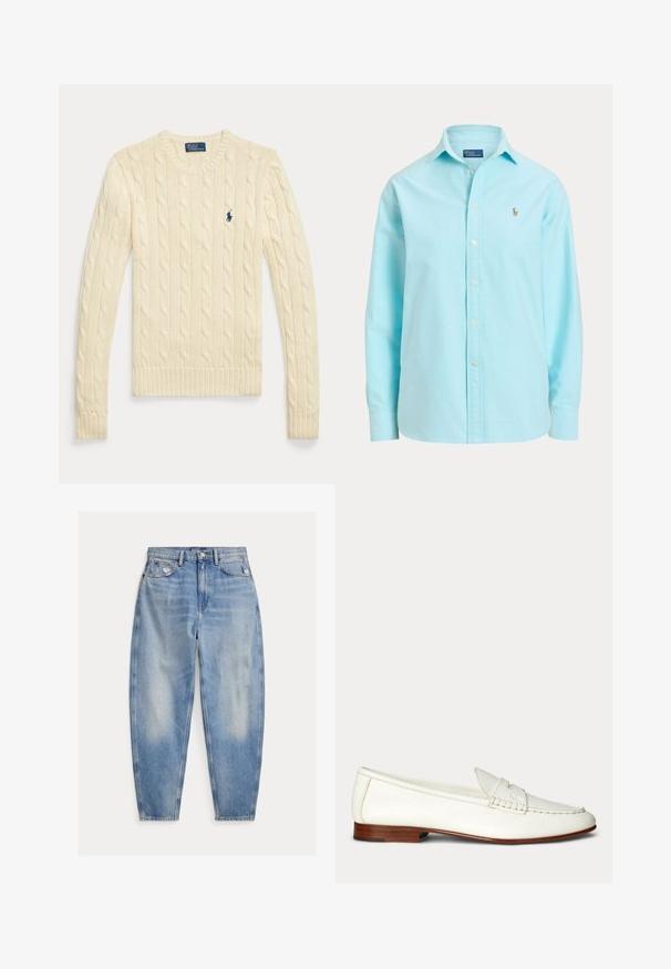 Crèmekleurige kabelgebreide trui met lange mouwen, ronde hals en klein marineblauw Polo Ralph Lauren-logo op de borst.; Lichtblauw overhemd met lange mouwen, knopen en een kraag, met een klein geborduurd logo op de linkerborst.; Lichtblauwe high-waisted spijkerbroek met lichte vervaging en slijtage bij de voorzakken, vijfzakkenstijl en taps toelopende pijpen.; Witte leren instap loafers met een lage bruine hak en gestikte details langs de bovenkant en zijkanten.