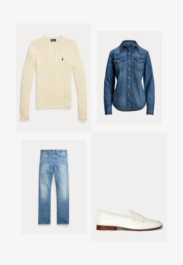 Krémový dlhý sveter s káblovým vzorom, dlhými rukávmi, s okrúhlym výstrihom a malým tmavomodrým logom Polo Ralph Lauren na hrudi.; Modrá rifľová košeľa s dlhým rukávom so perlovými patentkami, dvoma náprsními vreckami so záklopkou a špicatým golierom od Polo Ralph Lauren.; Svetlomodré rovné rifle s miernym vyblednutím, dizajn s piatimi vreckami a viditeľnou značkou Polo na páse.; Biele kožené slip-on mokasíny s nízkym hnedým podpätkom a prešívanými detailmi na vrchu a stranách.