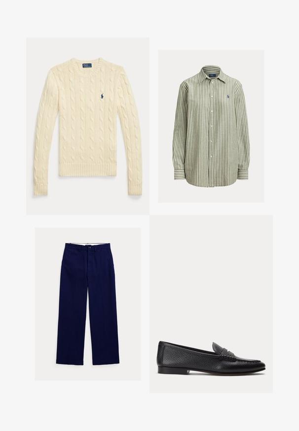 Krémový dlhý sveter s káblovým vzorom, dlhými rukávmi, s okrúhlym výstrihom a malým tmavomodrým logom Polo Ralph Lauren na hrudi.; Zeleno-biela pruhovaná košeľa na gombíky, bavlnená látka, dlhé rukávy, klasický golier, na ľavej strane na hrudi je logo v námorníckej modrej, jednoduché manžety.; Námornícka modrá rovná nohavica s pútkami na opasok, predným zapínaním na gombíky a bočnými vreckami na bielom pozadí.; Čierny textúrovaný kožený mokasín s nízkym podpätkom a klasickým remienkom na mincu, zobrazený z profilu na jednoduchom svetlom pozadí.
