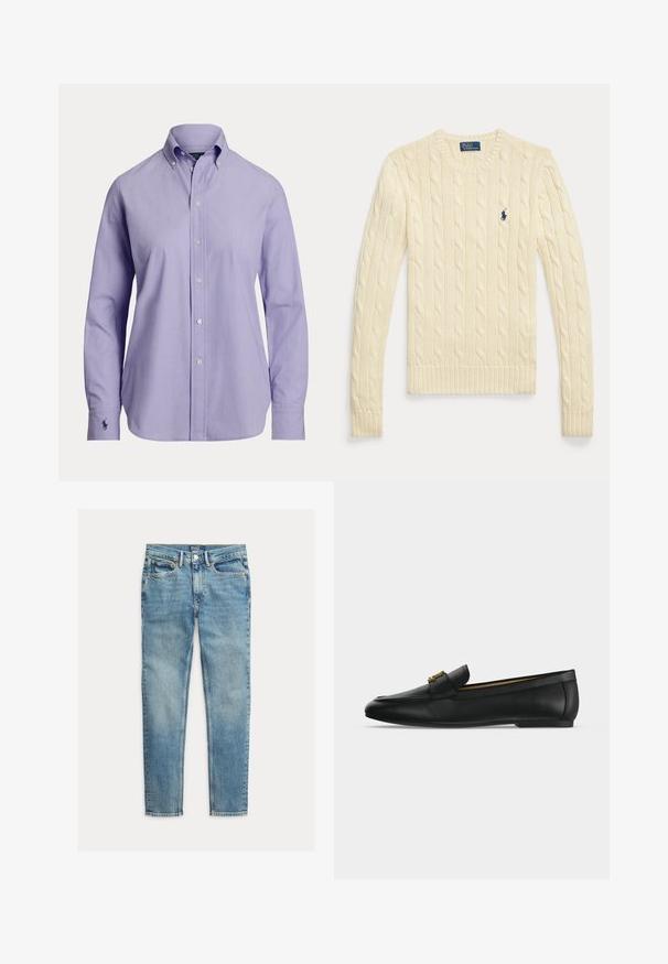 Langærmet sweater i cremefarvet kabelstrik med rund hals og lille navyblåt Polo Ralph Lauren-logo på brystet.; Herre langærmet lyse lilla skjorte med knapper, knappet krave og broderet logo på venstre manchet.; Lyseblå slim-fit jeans med fem lommer og knaplukning, lagt fladt på en hvid baggrund.; Sort læderloafer med guldfarvet metalspænde på toppen, flad sål og syning langs overkanten.