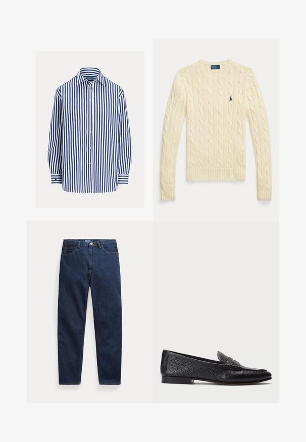 Pull à manches longues en maille torsadée couleur crème avec col rond et petit logo Polo Ralph Lauren bleu marine sur la poitrine.; Chemise à manches longues rayée bleu et blanc, fermeture boutonnée sur le devant, poche unique, tissu doux, coupe décontractée, poignets rayés.; Jean en denim bleu foncé avec cinq poches, fermeture par bouton et coupe droite, posé à plat sur un fond blanc.; Mocassin en cuir noir avec une finition texturée, doté d'une sangle décorative et d'un talon plat. Design épuré et minimal avec un bout arrondi.