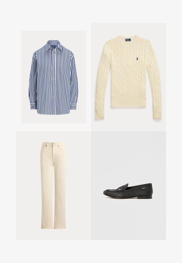 Langærmet sweater i cremefarvet kabelstrik med rund hals og lille navyblåt Polo Ralph Lauren-logo på brystet.; Blå og hvide stribede langærmede skjorte med slå-om knapper, enkeltlomme, blødt stof, afslappet pasform, manchetter med striber.; Jeans i cremefarvet straight-leg med knaplukning foran og fem-lomme-styling på en ensfarvet baggrund.; Sort læderloafer med tekstureret finish, penny keeper-detalje, slank profil, diskret branding på siden og lav, flad hæl.