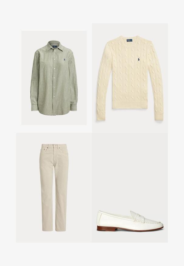 Suéter de punto trenzado color crema con manga larga, cuello redondo y pequeño logo azul marino de Polo Ralph Lauren en el pecho.; Camisa de botones con rayas verdes y blancas, tejido de algodón, mangas largas, cuello clásico, con logo en azul marino en el pecho izquierdo, puños lisos.; Pantalones de pana beige de corte recto con trabillas para cinturón, botón delantero, cremallera y bolsillos delanteros.; Mocasin de cuero blanco con un acabado texturizado, punta redondeada y acento trenzado. Tacón bajo de madera y diseño minimalista.