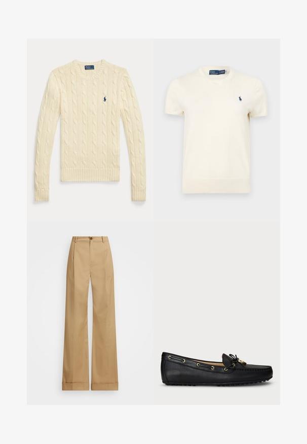 Langärmeliger, cremefarbener Zopfmuster-Pullover mit Rundhalsausschnitt und kleinem dunkelblauem Polo Ralph Lauren-Logo auf der Brust.; Kurzärmeliges, cremefarbenes Polo Ralph Lauren T-Shirt mit Rundhalsausschnitt und kleinem marineblau besticktem Logo auf der linken Brust.; Beige weite Beinhosen mit Knopfverschluss, die eine glatte Textur und gebügelte Falten aufweisen. Mit umgeschlagenen Säumen für zusätzliche Details.; Schwarze Lederloafers mit goldenen Ösen, Schnürband und gummibezogenen Sohlen, von der Seite auf einem weißen Hintergrund gezeigt.