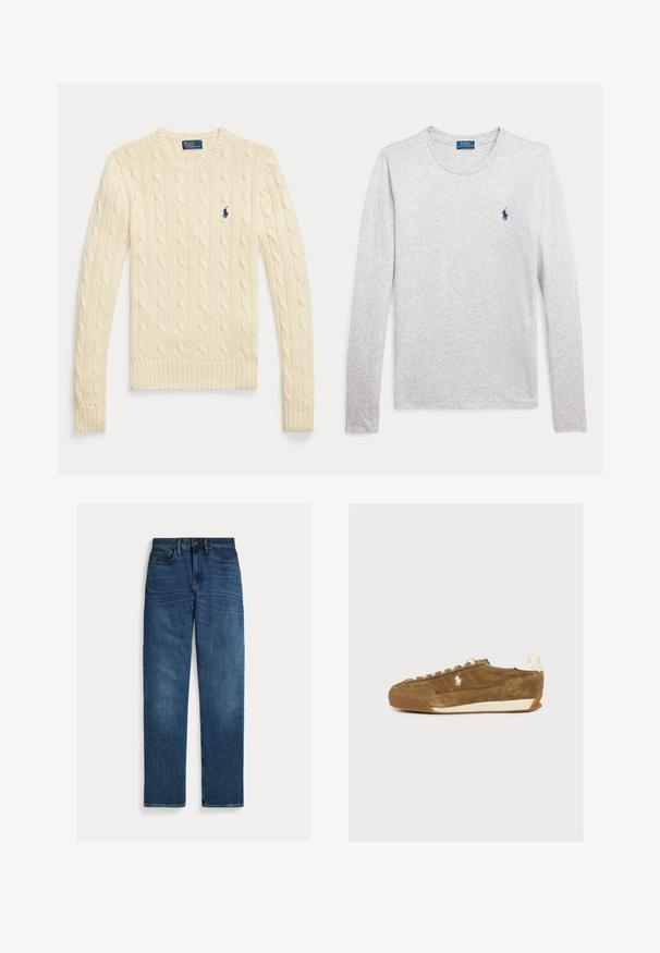 Kermanvärinen palmikkoneulepusero, jossa pitkät hihat, pyöreä kaula-aukko ja pieni laivastonsininen Polo Ralph Laurenin logo rinnassa.; Vaaleanharmaa pitkähihaisen pyöreäkauluksisen paidan vasemmassa rinnassa on sininen Polo Ralph Lauren -logo kirjailtuna.; Suorat siniset denim-farkut, joissa on viisi taskua, nappisuljenta ja hienovarainen haalistuma reiden ja polvien kohdalta, asetettuna tasaisesti valkoiselle taustalle.; Ruskea mokkanahkainen lenkkari, jossa valkoiset nauhat, valkoinen logo sivulla ja valkoinen kantanappi, esitetty sivuprofiilissa yksinkertaisella taustalla.