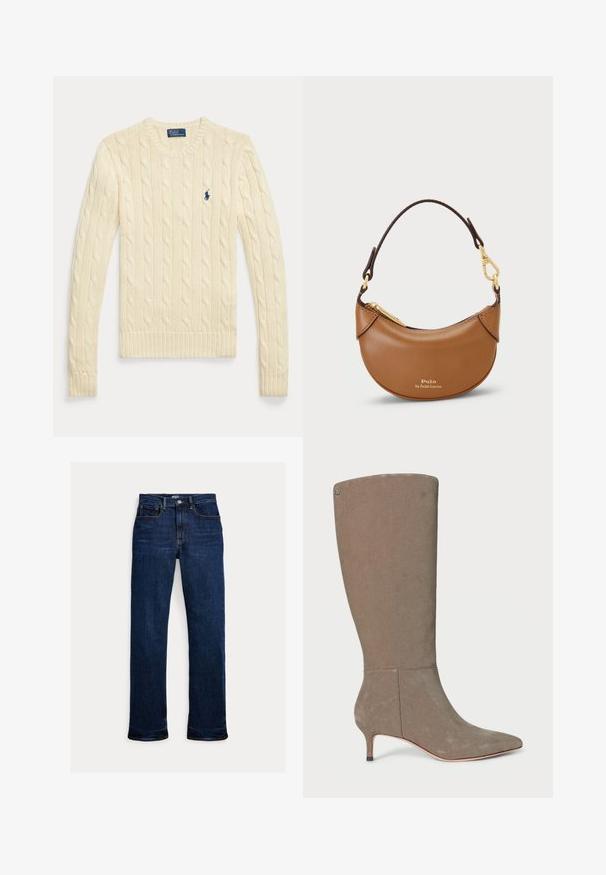 Langärmeliger, cremefarbener Zopfmuster-Pullover mit Rundhalsausschnitt und kleinem dunkelblauem Polo Ralph Lauren-Logo auf der Brust.; Dunkelblaue Straight-Leg-Denim-Jeans mit Frontknopf und Reißverschluss, Fünf-Taschen-Design und sichtbaren Nähten.; Knöchelhoher grauer Wildlederstiefel mit spitzer Zehe und niedrigem Absatz, der ein schlichtes Design und subtile vertikale Nahtdetails aufweist.; Braune Lederhandtasche mit geschwungenem Design, goldenen Beschlägen und einem kurzen Griff. Verfügt über einen Reißverschluss und ein geprägtes Markenlogo.