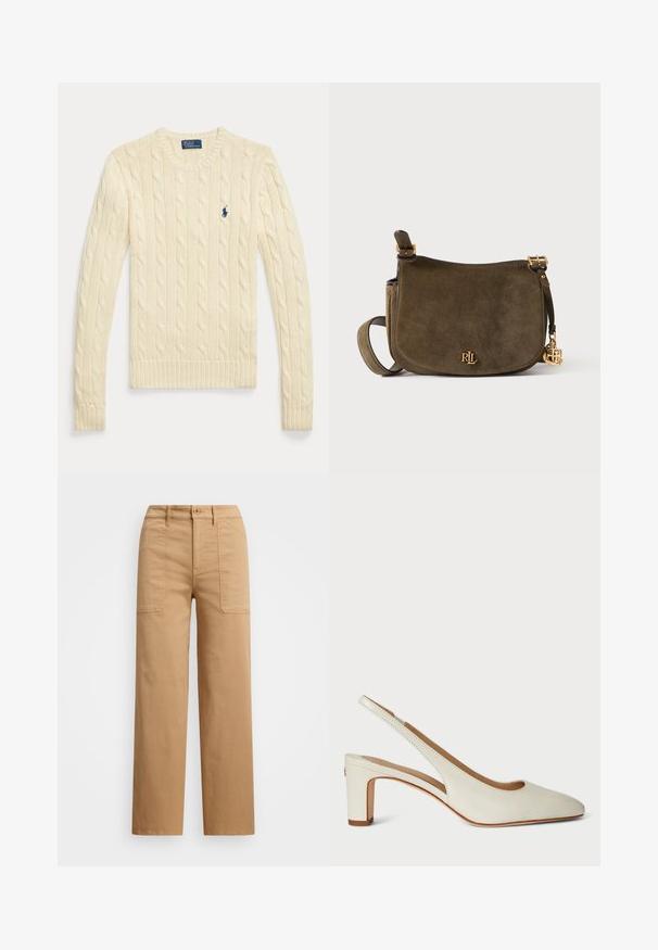 Langærmet sweater i cremefarvet kabelstrik med rund hals og lille navyblåt Polo Ralph Lauren-logo på brystet.; Beige bomuldsbukser med lige ben, der har en knaplukning, forlommer og synlige stikninger.; Hvid læder slingback hæl med rund tå, blokhæl og et minimalistisk design med subtile syninger.; Olivengrøn ruskind skuldertaske med guldfarvet "RL"-logo og vedhæng, justerbar rem og klaplukning på neutral baggrund.