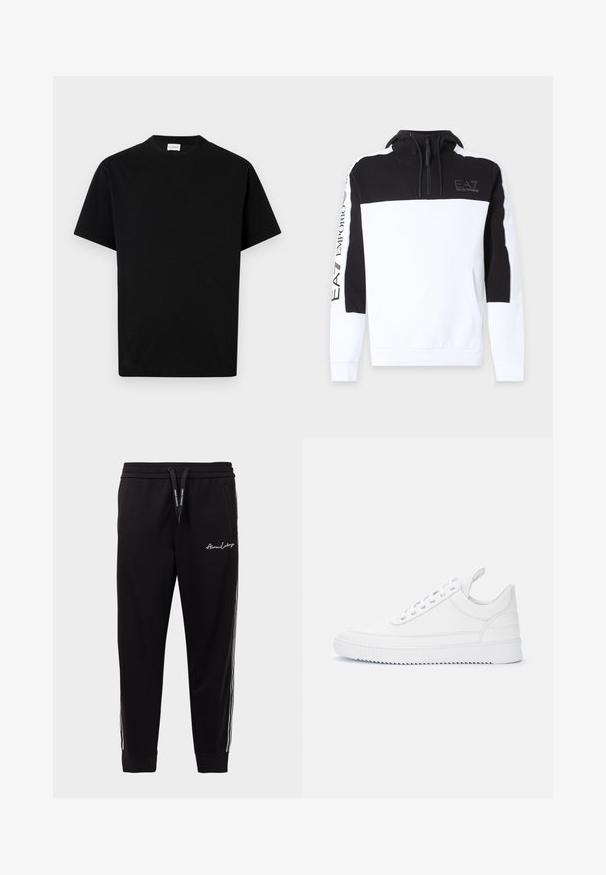 Sort og hvid hættetrøje med lange ærmer, frontlynlås, snore og EA7 Emporio Armani-logo på brystet og venstre ærme.; Sort bomuld t-shirt med rund hals, korte ærmer og lige snit. Ingen synlige mønstre eller hardwaredetaljer.; Sorte sweatpants lavet af en bomuldsblanding, med en ribbet talje, hvide sidelister og logobroderi på den venstre lår.; Hvid lav sneaker med snørelukning, syninger, trækkehank på hælen og rillede sål på ensartet lyst baggrund.