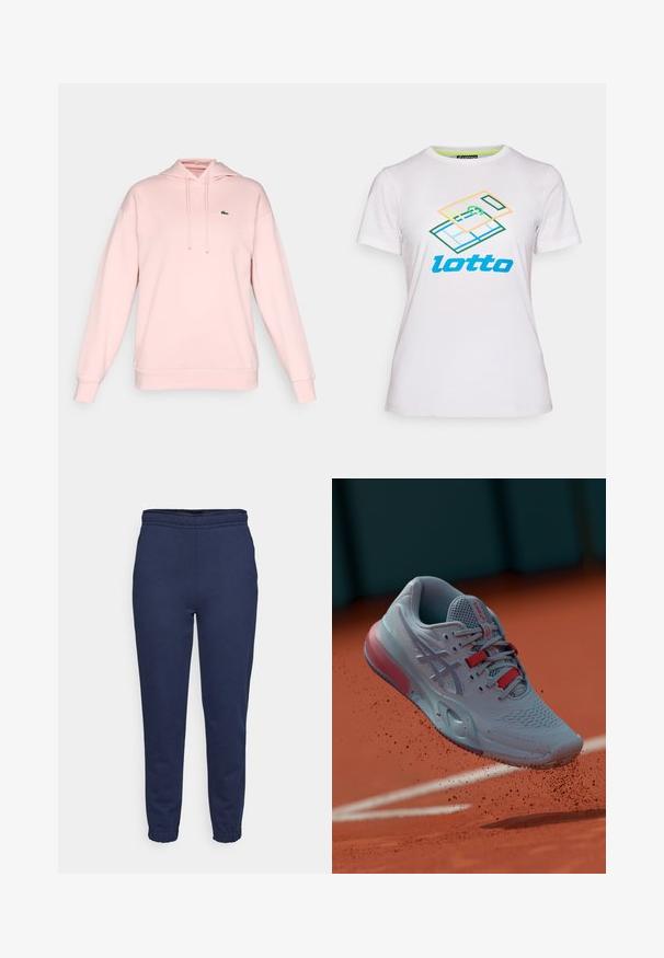 Sudadera rosa hecha de una tela suave, con capucha ajustable, puños y bajo acanalados. Presenta un pequeño logo verde en la parte superior izquierda del pecho.; Camiseta blanca de algodón de manga corta, con un gráfico geométrico colorido y el logo "lotto" en azul en la parte frontal.; Pantalones de chándal azul marino con cintura elástica y puños en los tobillos, vista frontal, hechos de una tela suave para el uso casual.; Zapatilla de tenis azul claro con parte superior texturizada, detalles en rojo y una suela semitransparente, mostrada en el aire sobre una superficie de arcilla.