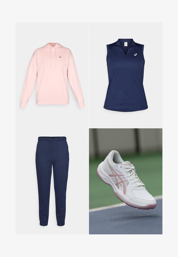 Sudadera rosa hecha de una tela suave, con capucha ajustable, puños y bajo acanalados. Presenta un pequeño logo verde en la parte superior izquierda del pecho.; Top deportivo sin mangas en color navy con cuello en V, hecho de una tela suave y que absorbe la humedad; cuenta con costuras planas y un pequeño logo en el lado izquierdo del pecho.; Pantalones de chándal azul marino con cintura elástica y puños en los tobillos, vista frontal, hechos de una tela suave para el uso casual.; Zapatilla deportiva blanca con toques rosas, material sintético, punta redondeada, lados de malla y suela texturizada. Cordones en la parte frontal y marca ASICS visible.
