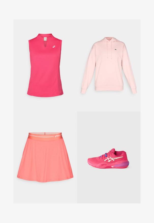 Roze hoodie van zachte stof met een trekkoordkap, ribbelmanchetten en -zoom. Bevat een klein groen logo op de bovenste linkerborst.; ASICS COURT TANK - Top - bright rose; Roze atletische rok van geribd stof. Heeft een brede elastische tailleband met een logo en een uitlopende pasvorm voor bewegingsvrijheid.; Heldere roze sportschoen met een bovenwerk van mesh, witte accenten en een gestructureerde zool. Voorzien van blauwe veters en een gladde, gevoerde tussenzool.
