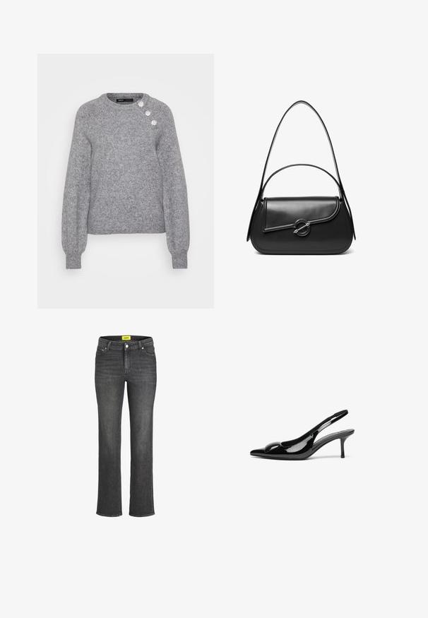 Suéter gris hecho de material de punto texturizado. Presenta un escote redondo y mangas largas. Tres adornos decorativos en el hombro.; Jeans de denim gris oscuro con diseño de pierna recta, estilo de cinco bolsillos y etiqueta de marca amarilla en la cinturilla. Cierre de botón metálico.; Tacones slingback de charol negro con punta afilada y acabado brillante. Presentan un tacón delgado y un acento redondeado en el empeine.; Bolso de hombro de cuero negro con una solapa curva asegurada por un broche metálico redondo y una correa delgada y ajustable.