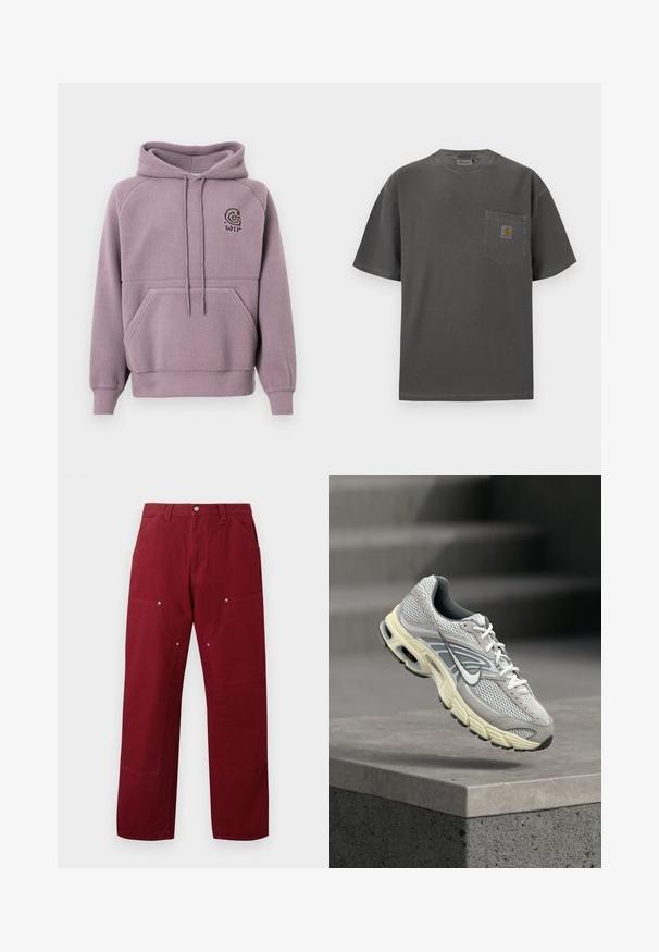 Lilla fleece hoodie med en frontlomme og snore i hætten. Har et lille broderet logo på brystet. Blødt, struktureret stof.; Mørkegrå T-shirt med korte ærmer og rund halsudskæring med en brystlomme, der har et lille rektangulært Carhartt-logo.; Bordeaux farvede bomuldsbukser med lige snit, som har to forlommer, sølvhardware og knædetaljer. Glat tekstur, mellem vægt.; Grå og hvid Nike løbesko med polstret sål, svævende over et betontrin i et udendørs miljø.