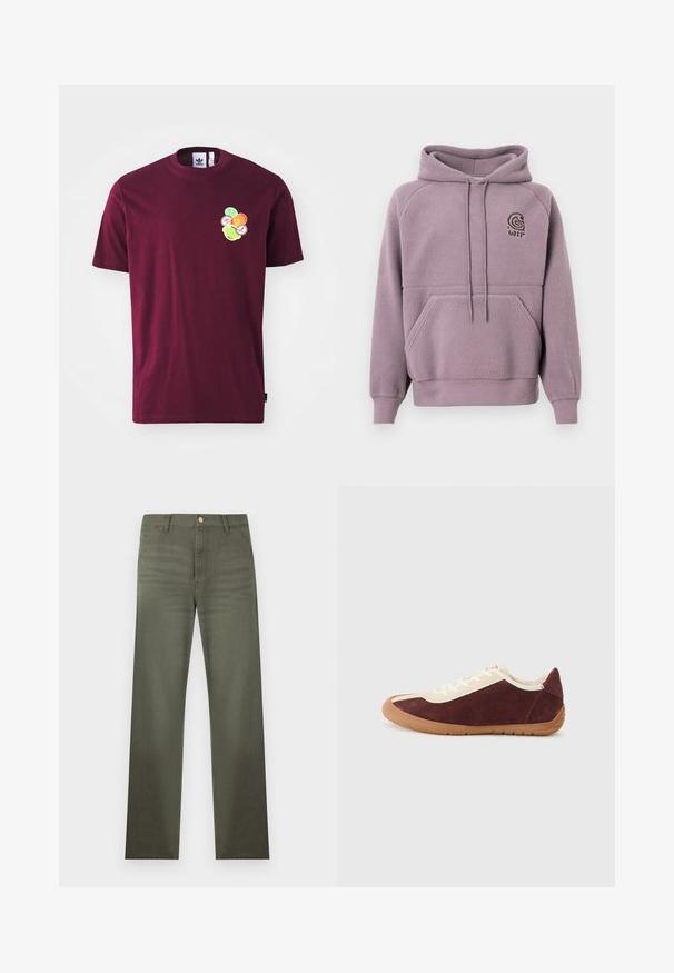 Lilla fleece hoodie med en frontlomme og snore i hætten. Har et lille broderet logo på brystet. Blødt, struktureret stof.; Mørkerød bomulds t-shirt med korte ærmer og rund hals. Indeholder en broderet grafik på venstre bryst, inklusive farverige cirkulære design.; Olivengrønne bukser med lige ben, bæltestropper, forlommer og knaplukning i taljen.; Bordeaux suède sneakers med beige accenter, snørebånd foran, gummisål og rund tå. Har et minimalistisk design og struktureret overflade.