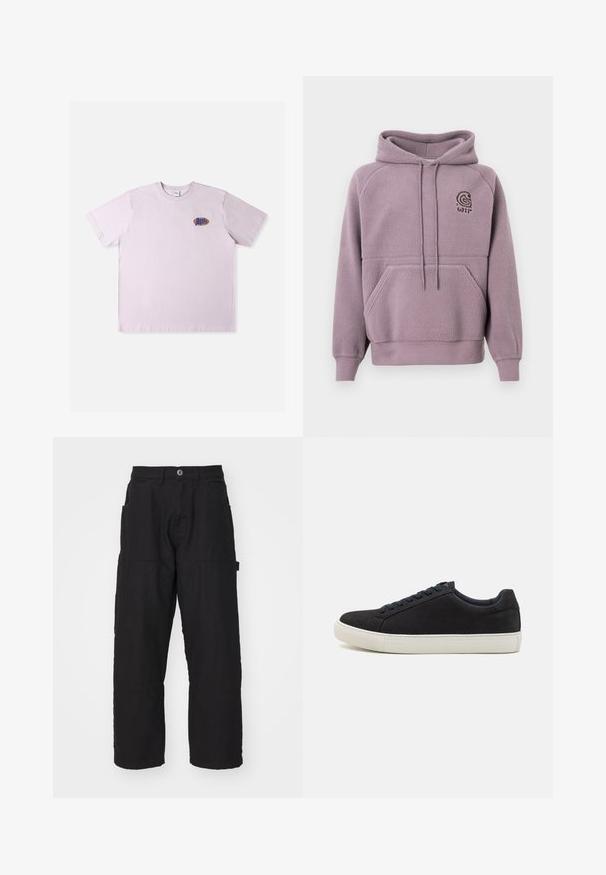 Lila Fleece-Hoodie mit einer Fronttasche und Kapuze mit Kordelzug. Verfügt über ein kleines gesticktes Logo auf der Brust. Weicher, strukturierter Stoff.; Rosa Baumwoll-T-Shirt mit kurzen Ärmeln, das ein kleines mehrfarbiges Logo auf der linken Brustpartie zeigt. Einfaches, legeres Design.; Schwarze Cargo-Hosen mit geradem Schnitt, die über mehrere Taschen und einen Knopfverschluss verfügen. Hergestellt aus strapazierfähigem Baumwollstoff mit sichtbaren Nähten.; Schwarze Wildledersneaker mit runder Zehenpartie, weißer Gummisohle, kontrastierenden blauen Schnürsenkeln und einer glatten Textur. Minimalistisches Design ohne sichtbares Logo.