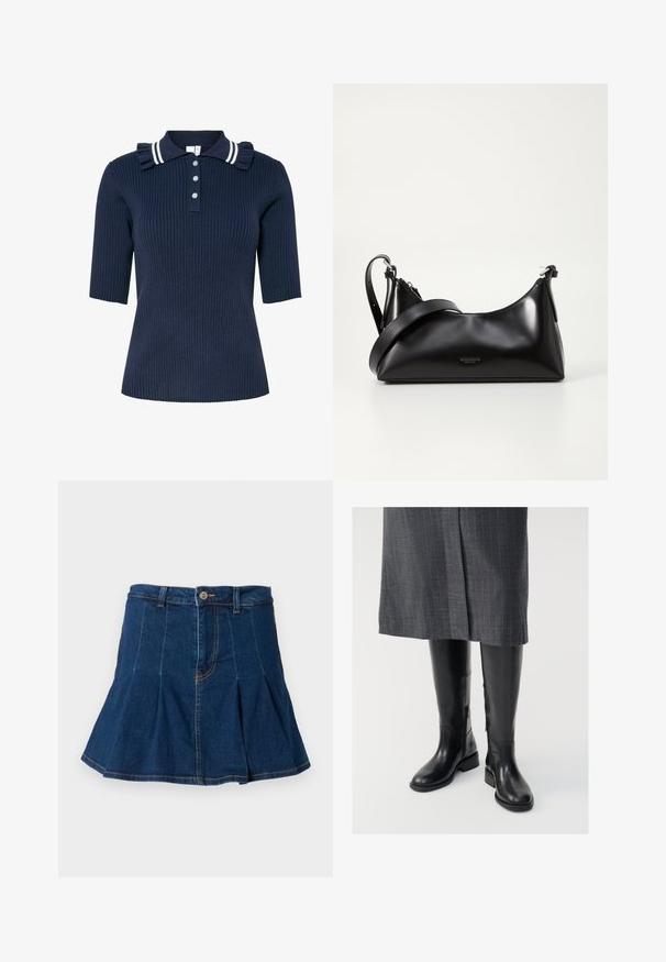 Marineblaue, gerippte Poloshirt mit kurzen Ärmeln, das einen gestreiften Kragen und eine Rüschendetailierung aufweist, vorne mit drei Knöpfen zu verschließen.; Jeansrock in Dunkelblau, mit einem plissierten Design, fünf Taschen, einem vorderen Knopfverschluss und kontrastierenden Nähten.; Knielange schwarze Lederstiefel mit glatter Textur, seitlichen Reißverschlüssen und flacher Sohle. Die Stiefel haben einen strukturierten Schaft und minimales Zubehör.; Schwarze lederne Handtasche mit glatter Textur. Verfügt über einen verstellbaren Riemen und ein elegantes, minimalistisches Design mit einem Reißverschluss.