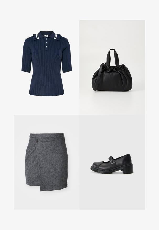 Marineblaue, gerippte Poloshirt mit kurzen Ärmeln, das einen gestreiften Kragen und eine Rüschendetailierung aufweist, vorne mit drei Knöpfen zu verschließen.; Grau gemusterter Wickelrock aus strukturiertem Wollstoff, mit einem einzelnen Knopfverschluss an der Taille und einem asymmetrischen Saum.; Schwarze Leder-Mary-Jane-Schuhe mit runder Zehenform, verstellbarem Riemen und mittelhohem Blockabsatz. Mit Kontrastnähten und einer strukturierten Sohle.; Schwarze Lederhandtasche mit einem gerafften Oberteil, ausgestattet mit zwei kurzen Griffen und einem langen verstellbaren Schulterriemen. Glatte Textur, runde Form.