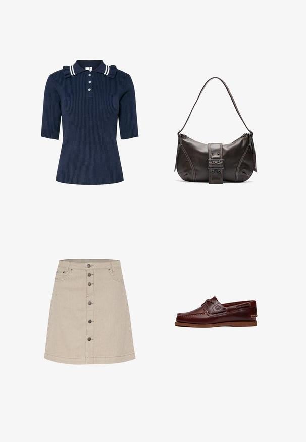 Marineblå ribstrikket polo med korte ærmer, med en stribet krave og flæsedetalje, lukket med tre knapper foran.; Beige stribet denim nederdel med en flagrende form, der har en lukning med knapper foran, to sidelommer og subtile syninger.; Brun læder bådsko med snørre, syningsdetaljer og Timberland-logo på siden, vist på en hvid baggrund.; Brun læder skuldertaske med en buet form, der har et fremtrædende spænde, kontrasterende syninger og en enkelt skulderrem.