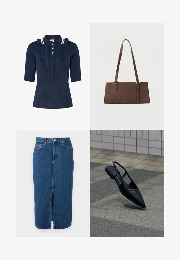 Marineblå ribstrikket polo med korte ærmer, med en stribet krave og flæsedetalje, lukket med tre knapper foran.; Mid-lang blå denimnederdel med frontcenter slids, bæltestropper, forlommer og knaplukning i taljen.; Sort slingback-flad sko med spids tå, svævende over en asfaltflade ved siden af en flisebelagt fortov.; Brun rektangulær skuldertaske med lange stropper og minimale syningsdetaljer på en ensfarvet baggrund.
