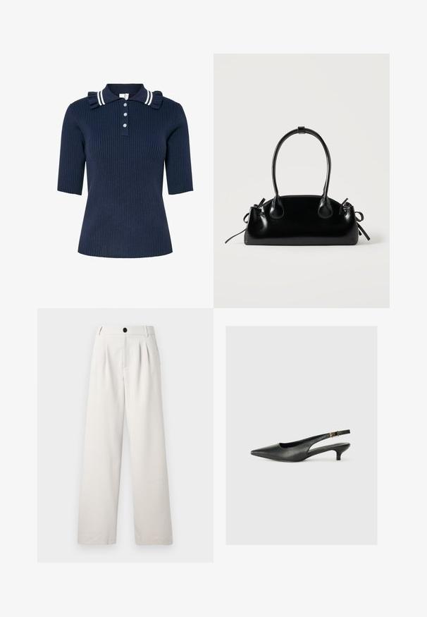 Polo bleu marine côtelé à manches courtes, doté d'un col rayé et d'un détail volanté, fermé par trois boutons à l'avant.; Pantalons beige à jambes larges en tissu lisse, avec des plis avant, une fermeture à bouton unique et des poches latérales pour plus de praticité.; Chaussure slingback noire à bout pointu en cuir lisse. Présente un talon fin et un détail de boucle sur la sangle réglable.; Petit sac à main noir brillant avec deux longues anses et des détails à cordon sur les côtés sur un fond clair uni.