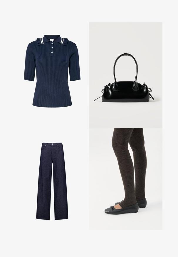 Marineblauw geribd poloshirt met korte mouwen, voorzien van een gestreepte kraag en volantdetail, vooraan gesloten met drie knopen.; Brede denim broek met een donkerblauw en wit verticaal gestreept patroon, voorzien van twee voorzakken en een klassieke knoopsluiting.; Benen met donkere geribbelde leggings gecombineerd met zwarte ballerina's met kleine strikdetails op een witte achtergrond.; Kleine zwarte glanzende handtas met twee lange hengsels en zijkant trekkoord details op een effen lichte achtergrond.