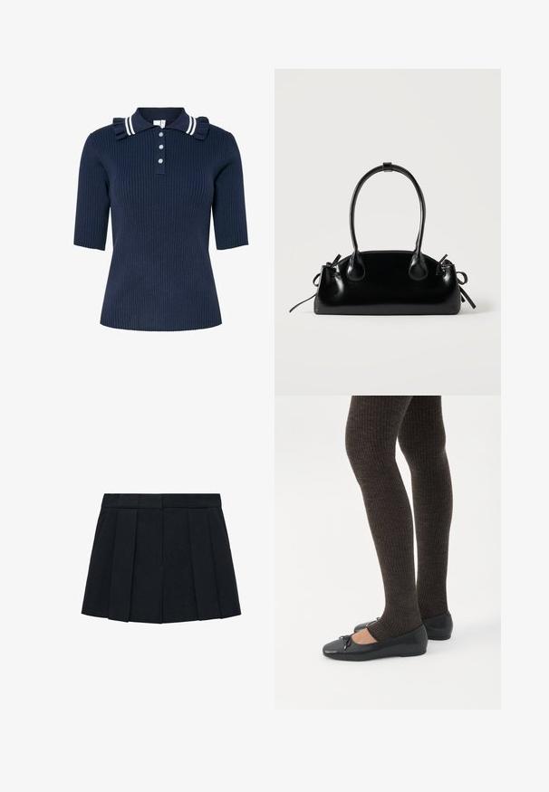 Marineblauw geribd poloshirt met korte mouwen, voorzien van een gestreepte kraag en volantdetail, vooraan gesloten met drie knopen.; Zwarte geplooide rok van een stof met een gladde textuur. Beschikt over een gestructureerde tailleband en meerdere verticale plooien voor definitie.; Benen met donkere geribbelde leggings gecombineerd met zwarte ballerina's met kleine strikdetails op een witte achtergrond.; Kleine zwarte glanzende handtas met twee lange hengsels en zijkant trekkoord details op een effen lichte achtergrond.