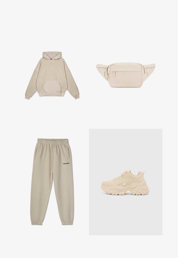 Beige hætte sweatshirt med en afslappet pasform, kængurulomme, manchetter og en glat tekstur. Har diskrete logo-detaljer på forsiden.; Beige svedbukser med elastisk talje, to sidelommer og et sort "PEGADOR" logo trykt på venstre ben. Glat stoftekstur.; Buffalo GALACTICA - Sneakers - cream; Beige faux læder crossover-taske med en glat tekstur, rektangulær form, frontlomme med lynlås og guldbrandingdetalje. Justerbare remme inkluderet.