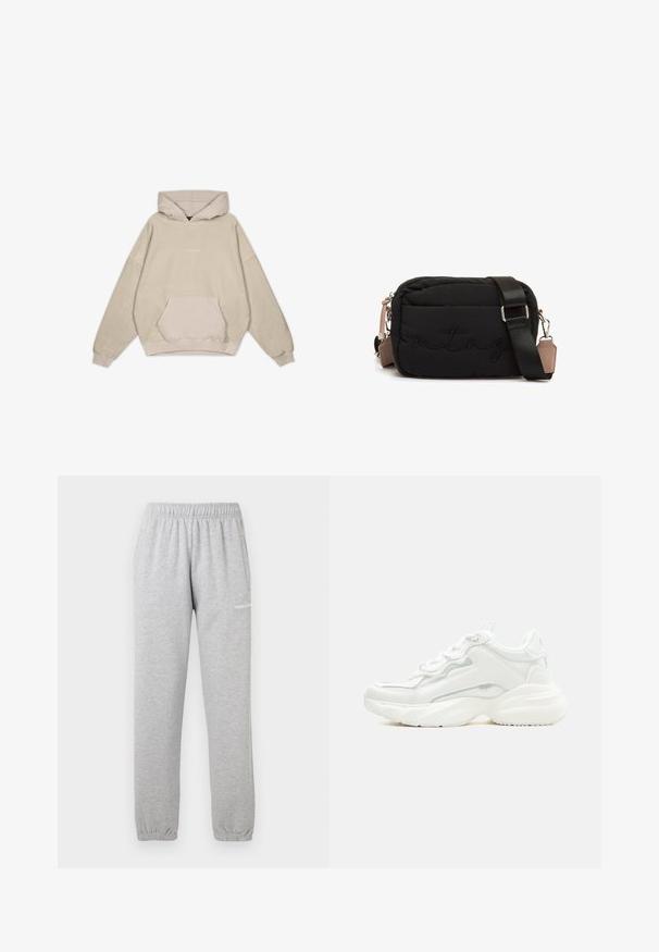 Beige Kapuzenpullover mit lockerer Passform, Kängurutasche, gerippten Ärmeln und glatter Textur. Mit dezentem Logo-Detailing auf der Vorderseite.; Graue Sweatpants aus weichem Material, mit einem elastischen Bund, Bündchen an den Knöcheln und einer Seitentasche. Logo auf dem linken Oberschenkel aufgedruckt.; Weißer klobiger Sneaker mit dicker Sohle, Schnürverschluss vorne und glattem, synthetischem Obermaterial mit dezenten Steppnähten.; Schwarze, gesteppte rechteckige Umhängetasche mit verstellbarem Riemen und dezentem "mtng" Stickerei auf der Vorderseite.