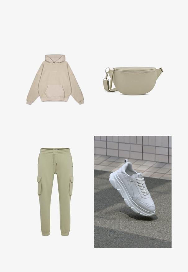 Beige hætte sweatshirt med en afslappet pasform, kængurulomme, manchetter og en glat tekstur. Har diskrete logo-detaljer på forsiden.; Lysgrønne cargo-sweatpants lavet af blødt stof, med sidelommer, elastiske cuffs og en snøre i taljen for justerbar pasform.; Hvide lædersneakers med en tyk, tekstureret gummisål, der har snørebåndslukning og syninger. Rund tå og design med ankelstøtte.; Lysgrøn læder crossover-taske med en rund form, sølv lynlås lukning og justerbar rem, der har et minimalistisk logo på fronten.