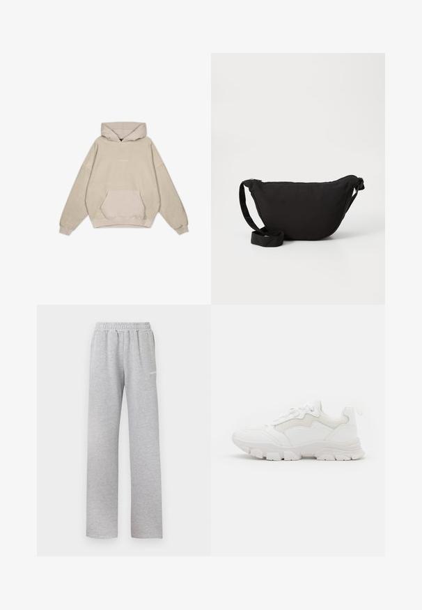 Beige hætte sweatshirt med en afslappet pasform, kængurulomme, manchetter og en glat tekstur. Har diskrete logo-detaljer på forsiden.; Lys grå sweatpants med elastisk talje, lige ben design og et lille hvidt logo på venstre lår. Blødt, tekstureret stof.; NA-KD CONTRAST SOLE TREKKING - Sneakers - white; Sort hobo taske lavet af blødt stof, med en buet form, lynlåslukning og en bred justerbar rem. Glat tekstur uden mønstre.
