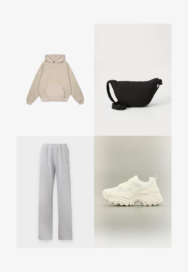 Beige Kapuzenpullover mit lockerer Passform, Kängurutasche, gerippten Ärmeln und glatter Textur. Mit dezentem Logo-Detailing auf der Vorderseite.; Helle graue Sweatpants mit einem elastischen Bund, geradem Bein Schnitt und einem kleinen weißen Logo auf dem linken Oberschenkel. Weicher, strukturiert Stoff.; Weißer klobiger Sneaker mit dicker strukturierter Sohle, Mesh-Einsätzen, Schnürung vorne und Zuglasche an der Ferse auf neutralem Hintergrund.; Schwarze Hobo-Tasche aus weichem Stoff, mit einer geschwungenen Form, einem Reißverschluss und einem breiten, verstellbaren Tragegurt. Glatte Textur ohne Muster.