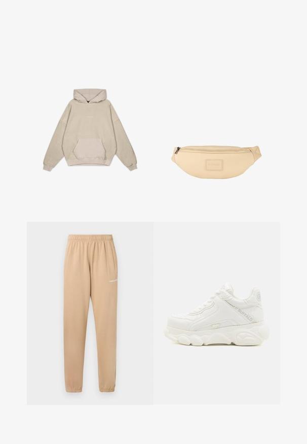 Beige hætte sweatshirt med en afslappet pasform, kængurulomme, manchetter og en glat tekstur. Har diskrete logo-detaljer på forsiden.; Beige sweatpants med elastisk talje, tapered ben og sidelommer. Har lille hvid tekst "PEGADOR" på venstre lår.; Hvid chunky sneaker med tyk sål, snørelukning og "Buffalo" branding på siden og hælen.; Beige bæltetaske med en glat, mat overflade. Har lynlåslukning og et lille præget logo på forsiden. Kompakt og strømlinet design.