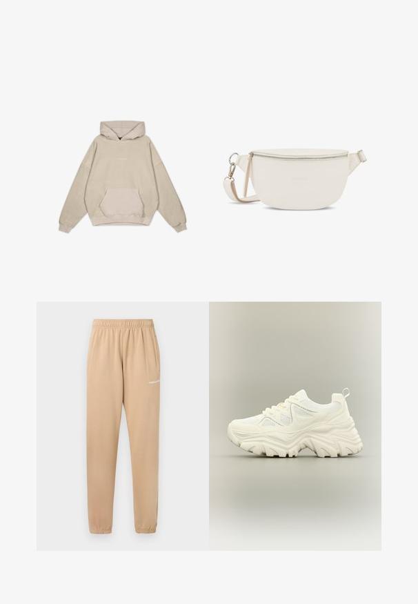 Beige hoodie met een ontspannen pasvorm, buidelzak, omgeslagen mouwen en een gladde textuur. Heeft subtiele logodetails aan de voorkant.; Beige trainingsbroek met een elastische tailleband, taps toelopende benen en zijzakken. Bevat kleine witte tekst "PEGADOR" op de linker bovenbeen.; Witte chunky sneaker met dikke textuurrijke zool, mesh panelen, veters aan de voorkant en een treklipje aan de hiel op een neutrale achtergrond.; Witte leren crossbodytas met een ronde vorm, bovenste ritsafsluiting en verstelbare schouderriem. Subtiele merkembleem geperst op de voorkant.