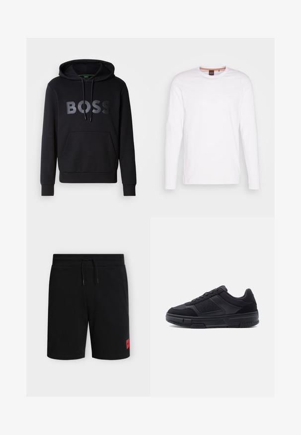 Sort hættetrøje lavet af blødt stof, med en kængurulomme, justerbar hætte med snor og stort præget "BOSS"-logo foran.; Hvid langærmet T-shirt lavet af bomuld. Har en rund halsudskæring og et lille prægede logo på venstre bryst. Glat tekstur.; Sorte knælange shorts med elastisk taljebånd og snøre, med en lille rød rektangulær logo-patch på venstre underben.; Sort lavtop sneaker med snørelukning foran, teksturerede sidel paneler og tyk gummisål, vist i profil på en ensfarvet baggrund.