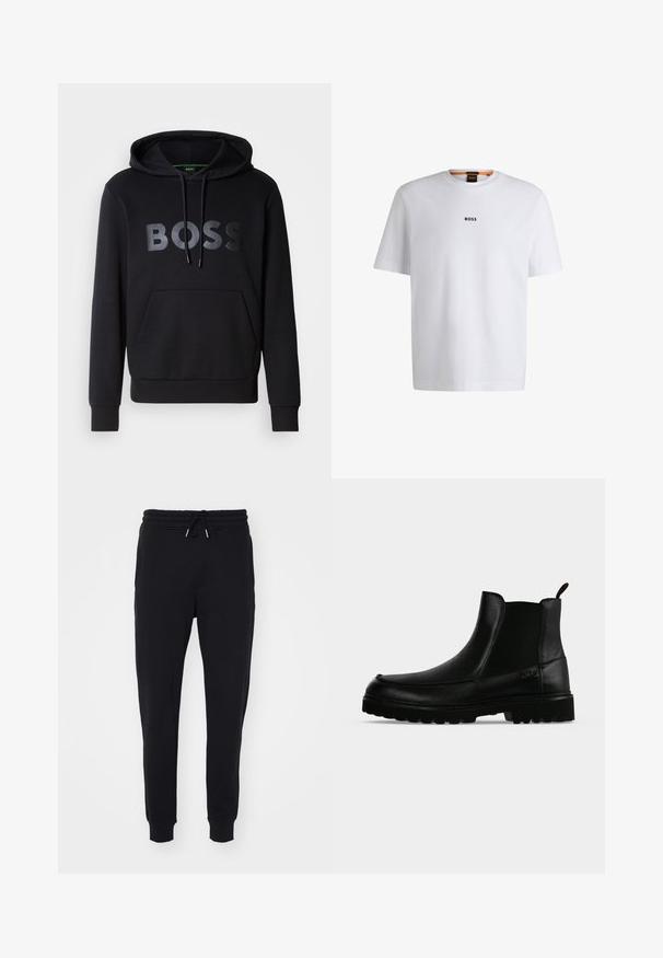 Sweat à capuche noir en tissu doux, doté d'une poche kangourou, d'une capuche avec cordon de serrage et d'un grand logo "BOSS" embossé sur le devant.; T-shirt en coton blanc à manches courtes, avec un logo noir "BOSS" centré sur la poitrine et un design à col rond.; Pantalons de survêtement noirs en tissu doux, dotés d'une taille élastique avec cordon de serrage, de poches latérales et de finitions ajustées aux chevilles.; Bottine noire en cuir avec semelle texturée, panneaux latéraux élastiques et languette de tirage sur fond gris clair.