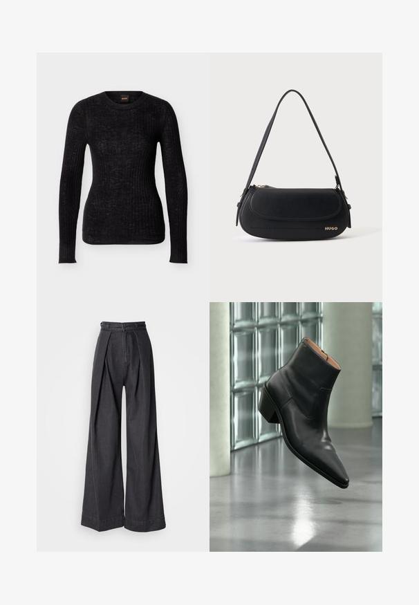 Schwarzer, langärmliger, gerippter Strickpullover mit Rundhalsausschnitt, enger Passform und dezentem Strukturmuster.; Schwarze Jeans mit weitem Bein und hoher Taille, ausgestattet mit vorderen Falten und einem klassischen Reißverschluss. Knackige, glatte Textur mit sauberen Abschlüssen.; Schwarzer Leder-Stiefelette mit spitzer Schuhspitze und Blockabsatz, der über einem reflektierenden grauen Boden nahe einer Glassteinwand schwebt.; Schwarze Lederschultertasche mit geschwungener Klappe, goldenem "HUGO" Logo auf der Vorderseite und einem verstellbaren Riemen.