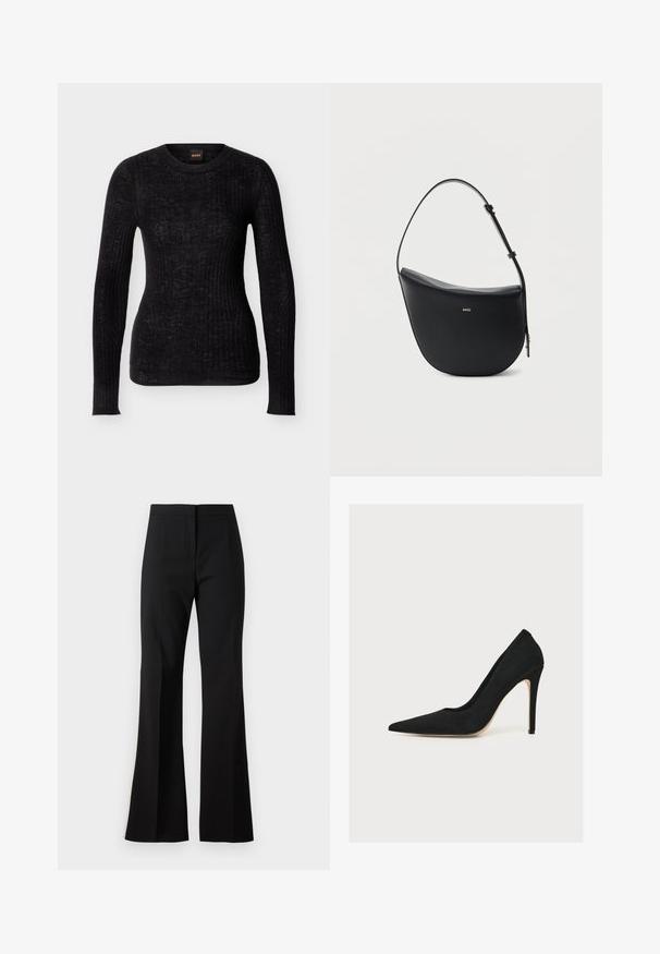 Suéter negro de punto acanalado de manga larga con cuello redondo, ajuste entallado y patrón de textura sutil.; Pantalones de campana negros hechos de una tela suave, con cintura alta, pliegues delanteros y un acabado limpio en los bajos.; Zapato de salón negro de punta fina y tacón de aguja delgado, fotografiado de lado sobre fondo blanco.; Bolso de hombro de cuero negro en forma de media luna, con correa ajustable y logo dorado "BOSS" centrado en el frente.