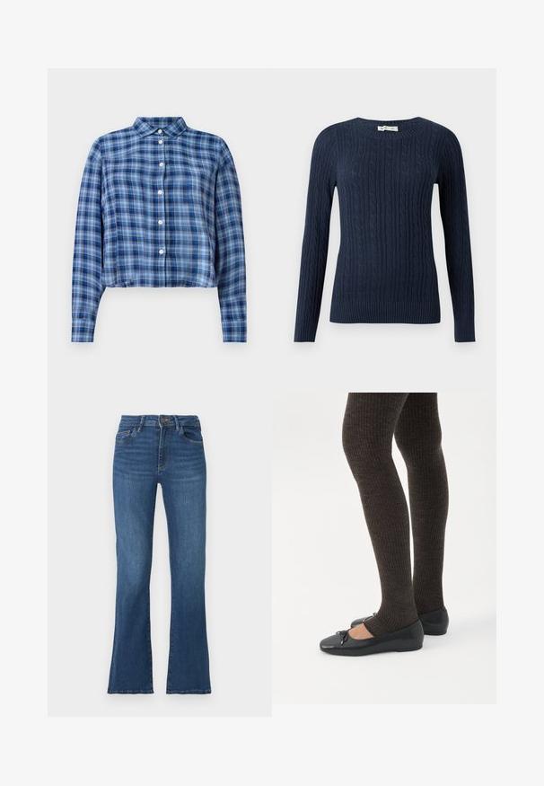Pull en maille bleu marine avec motif torsadé, col rond, manches longues et ourlet et poignets côtelés. Tissu résistant à finition texturée.; Chemise courte à manches longues en tartan bleu et noir avec col pointu et boutons blancs sur le devant, sur fond blanc.; Jeans en denim bleu évasés avec une taille haute, cinq poches et des coutures contrastées. Comprend une fermeture à bouton et à glissière, texture légèrement déchirée.; Jambes portant des leggings côtelés foncés associés à des ballerines noires avec de petits détails en nœud sur fond blanc.