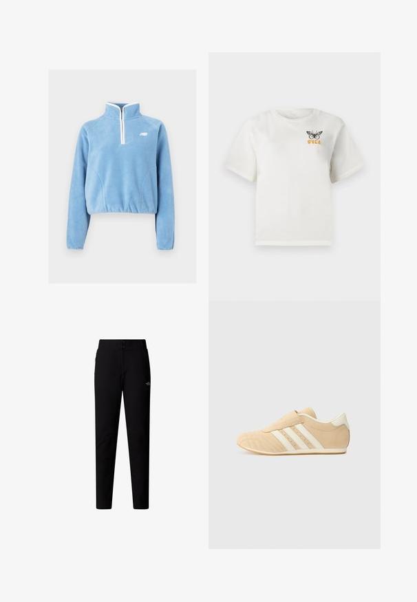Pull en polaire bleu clair avec un col zippé quart, des accents blancs et des détails sur les coutures latérales. Il présente des manches longues et une coupe courte.; T-shirt blanc à manches courtes avec un papillon noir et le texte orange "RVCA" sur le haut à gauche de la poitrine.; The North Face W QUEST SOFTSHELL PANTS - Pantalon classique - tnf black; Baskets de sport beiges et crème avec une tige en cuir lisse, trois rayures blanches sur le côté et un bout arrondi. Tige texturée avec des perforations.