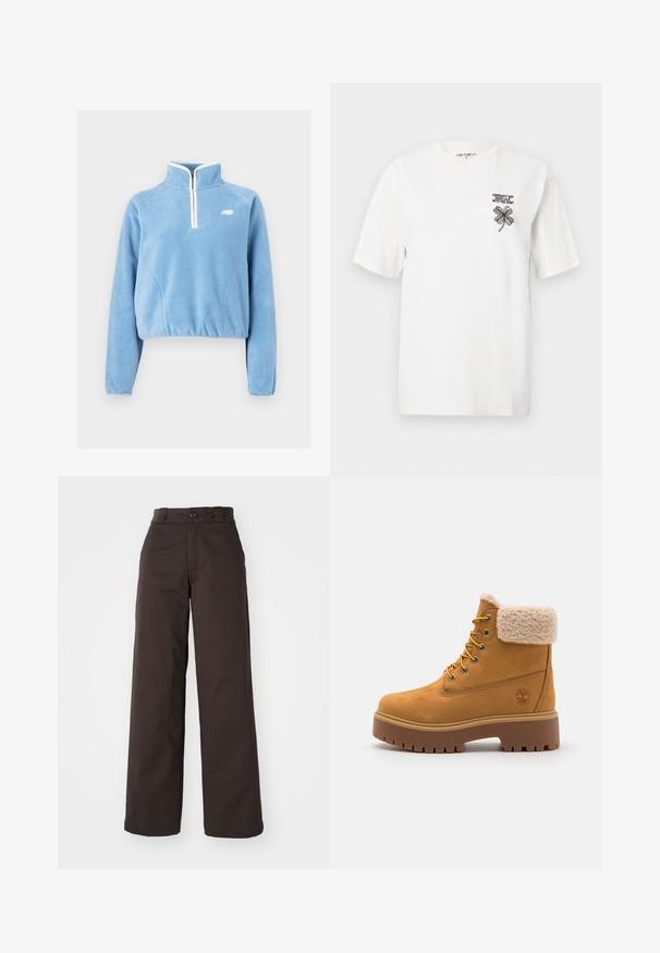 Lyseblå fleece-pullover med kvart-zip krave, hvide detaljer og sidelæg. Har lange ærmer og en cropped søm.; Hvid bomulds t-shirt med korte ærmer, en rund halsudskæring og en sort broderet kløver med tekst på venstre brystområde.; Brune bredbenede bukser med knaplukning og bæltestropper, lavet af holdbart stof, som har en glat tekstur og rene linjer.; Tan ruskindsstøvle med en kunstig pelskrave, gyldne øjer og en kontrasterende gummisål. Har et logo på siden og struktureret sål.