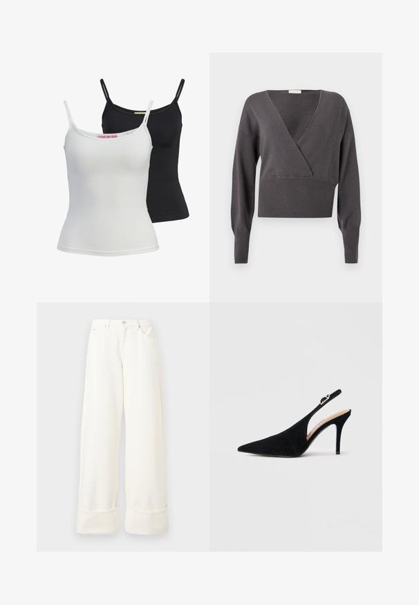 Grijze cropped trui met V-hals, lange mouwen, geribde zoom en manchetten, en een zachte gebreide textuur. Klassiek ontwerp met minimale details.; Twee basis tanktops in zwart en wit, gemaakt van een gladde, rekbare stof. Voorzien van dunne bandjes en een eenvoudig, getailleerd ontwerp.; Witte denim jeans met hoge taille en brede pijpen, omgeslagen zomen, lussen voor een riem, knoop aan de voorkant, ritssluiting en zij- en achterzakken.; Zwarte suède slingback pump met puntige neus en slanke hoge hak op witte achtergrond.