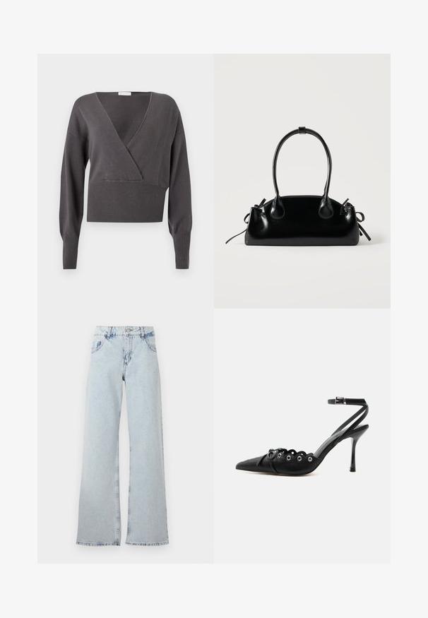 Suéter gris corto con escote en V, mangas largas, dobladillo y puños acanalados, y una textura de punto suave. Diseño clásico con detalles mínimos.; Jeans de pierna ancha de color azul claro, hechos de mezclilla, con una cintura alta, trabillas para el cinturón, cinco bolsillos y áreas desteñidas para un aspecto vintage.; Zapato de tacón alto negro con punta fina, bordes ondulados, ojales metálicos, cordones delanteros y una correa en el tobillo con cierre de hebilla.; Pequeño bolso negro brillante con dos asas largas y detalles de cordón lateral sobre un fondo claro liso.