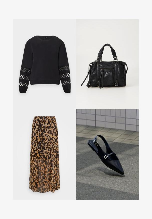 Sort langærmet sweatshirt med rund halsudskæring og dekorative blondepaneler med cirkulære mønstre på de nederste ærmer.; Maxi nederdel i leopardmønster i nuancer af brun og sort, lavet af letvægtsstof med et flydende design og elastisk talje.; Sort flad slingback med spids tå og dobbelte spænder, hvilende på grå asfalt nær flisevæg.; Sort struktureret faux læder håndtaske med flettede remme, sølv hardware detaljer og en front lynlåslomme. Kompakt design med aftagelig skulderrem.