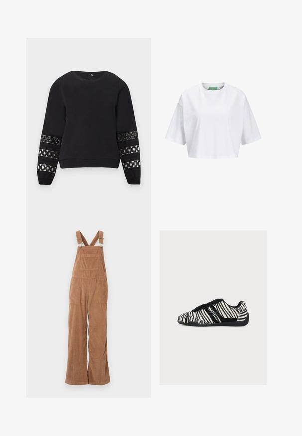 Schwarzes Sweatshirt mit langen Ärmeln, rundem Halsausschnitt und dekorativen Spitzenpaneelen mit kreisförmigen Mustern an den unteren Ärmeln.; Weißes, kurzärmliges Crop-Top aus Baumwolle mit Rundhalsausschnitt. Grünes Etikett innen mit sichtbar Markenname.; Braune Corduroy-Latzhosen mit weitem Bein, verstellbaren Trägern und Vordertasche. Weiche Textur mit vertikalem Rippmuster.; Low-Profile Sneaker mit schwarz-weißen Zebrastripes, schwarzen Schnürsenkeln und texturierter schwarzer Sohle, von der Seite vor weißem Hintergrund gezeigt.