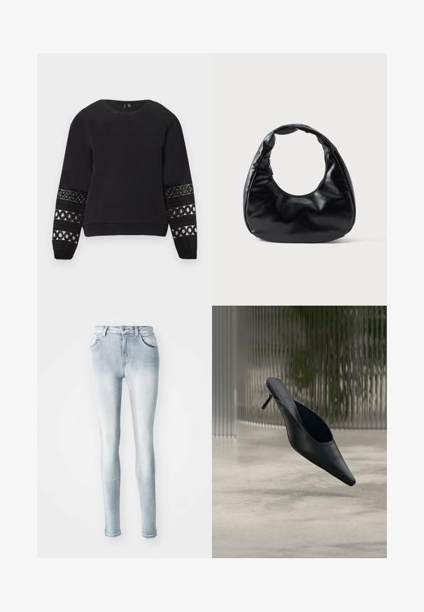 Mustavärinen pitkähihaisen collegepaita, pyöreä pääntie ja koristeelliset pitsipaneelit, joissa pyöreitä kuvioita alavarsissa.; Vaaleansiniset skinny-farkut, jotka on valmistettu denimmateriaalista. Näissä on korkea vyötärö, viisi taskua ja hillitty haalistuminen reisien kohdalla. Kulutettu helma.; Mustat kärjest terävät mules-kengät, joissa on ohut korkea korko, kelluvat sileän betonilattian yläpuolella, taustalla epätarkka pystyraitakuosi.; Musta keinonahkainen käsilaukku, jossa on ainutlaatuinen puolikuun muoto, leveä, pehmustettu kahva ja vetoketjusuljenta. Sileä, kiiltävä pinta, minimalistinen muotoilu.