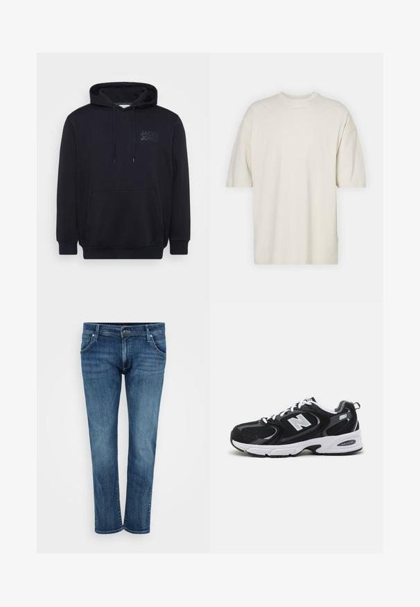 Μαύρη hoodie φτιαγμένη από μείγμα βαμβακιού, με τσέπη καγκουρό μπροστά, κουκούλα με κορδόνι και διακριτό σχέδιο λογότυπου στο στήθος.; T-shirt κοντομάνικο, με στρογγυλή λαιμόκοψη, σε εκρού βαμβάκι, με άνετη εφαρμογή και μαλακή υφή, χωρίς ορατά σχέδια ή διακοσμητικά στοιχεία.; Μπλε τζιν παντελόνι με σχέδιο ίσιας γραμμής, που διαθέτει μπροστινές τσέπες, φερμουάρ και διακριτική φθορά. Κλασικό στυλ με μεσαίου βαθμού πλύσιμο.; Μαύρα και γκρι αθλητικά παπούτσια με ανώτερο μέρος από δίχτυ και σουέτ, διαθέτοντας λευκή ενδιάμεση σόλα, κορδόνια και έντονο λογότυπο "N" στο πλάι.