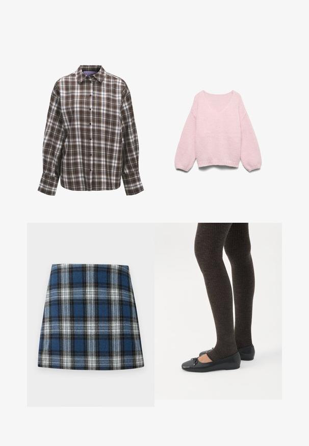 Lyserød strikket sweater med lange ballonærmer og bred, rund halsudskæring, vist fladt på en hvid baggrund.; Langærmet skjorte med knapper, brun, sort og hvid ternet mønster og klassisk krave på hvid baggrund.; Blåternet skørt med et varieret ternmønster i blå, sort og hvid. Fremstillet af et struktureret stof med en tætsiddende silhuet.; Ben iført mørke ribbede leggings kombineret med sorte balletsko med små sløjfedetaljer på hvid baggrund.