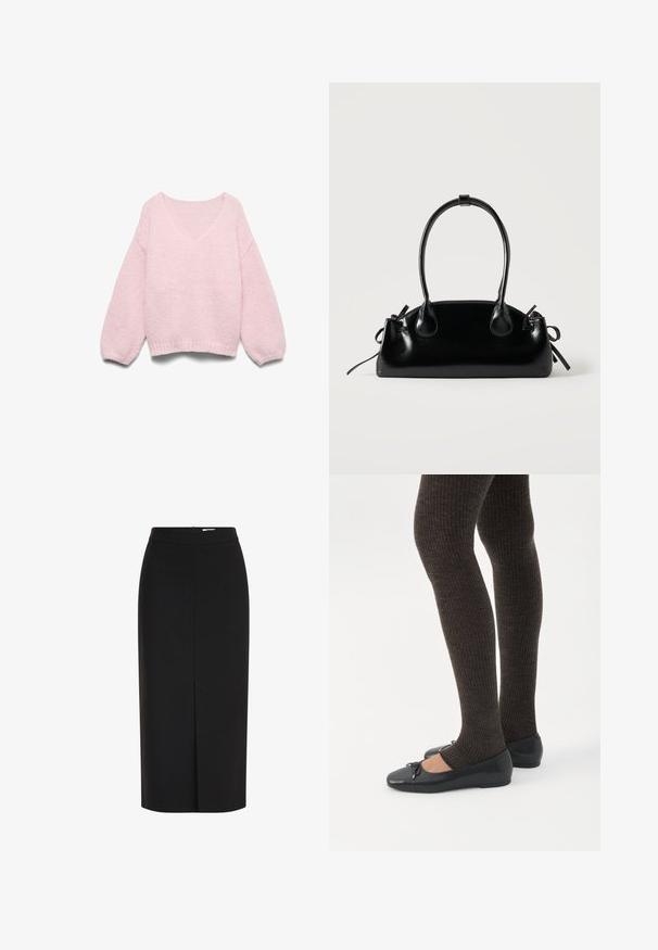 Lyserød strikket sweater med lange ballonærmer og bred, rund halsudskæring, vist fladt på en hvid baggrund.; Sort midi pencilnederdel med høj talje, frontslids og skjult lynlås på hvid baggrund.; Ben iført mørke ribbede leggings kombineret med sorte balletsko med små sløjfedetaljer på hvid baggrund.; Lille sort blank håndtaske med to lange håndtag og snøre-detaljer i siden på en ensfarvet lys baggrund.